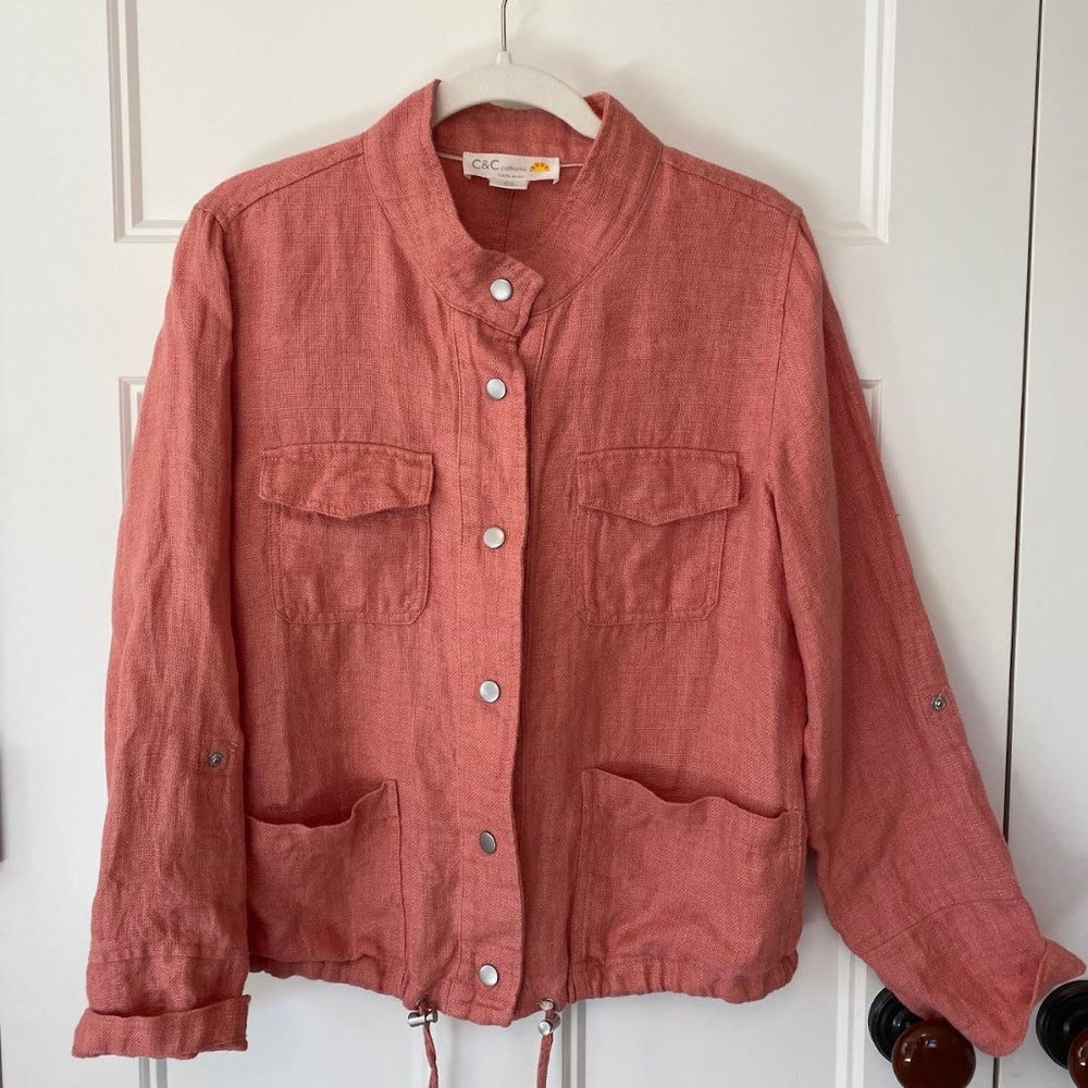 🌸 C & C California Heavy Linen Jacket | Size M | Salmon Pink | 100% Linen 🌸